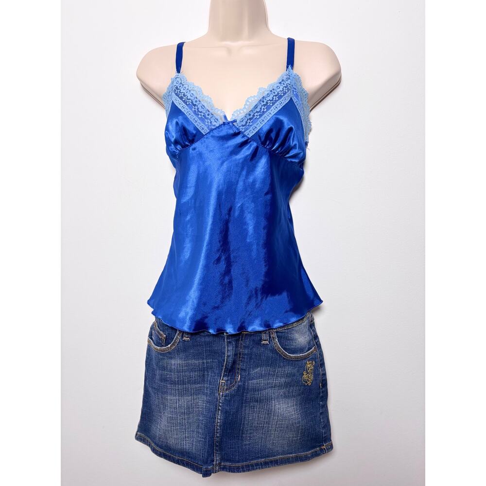 Vtg Y2K No Boundaries Royal Blue Silk Cami Pale Lace Trim